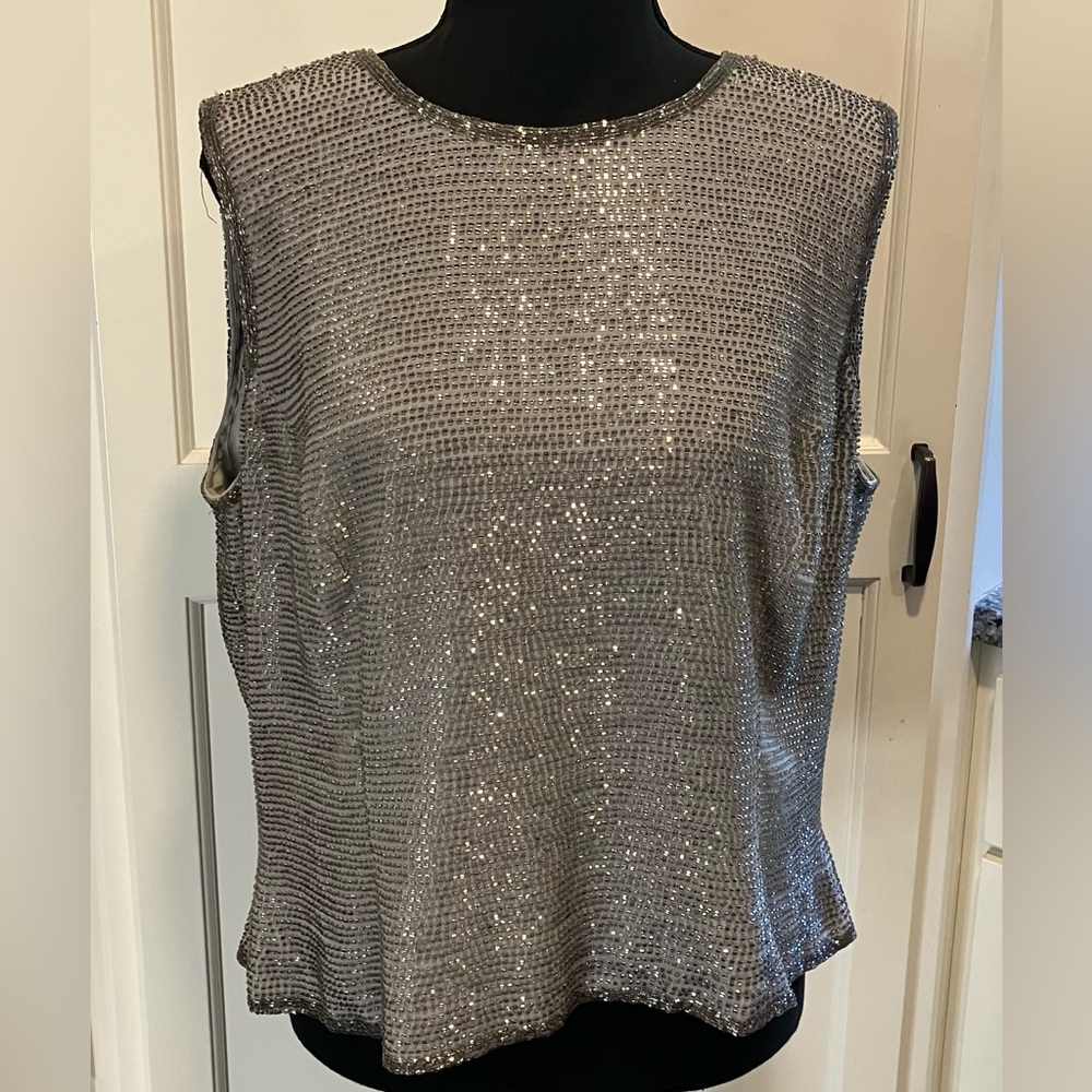 Oleg Cassini Silver Sequin Sleeveless Muscle Tee